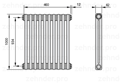 Схема (чертеж) Радиатор Zehnder Charleston 2100/10 №1270 Белый глянцевый RAL 9016